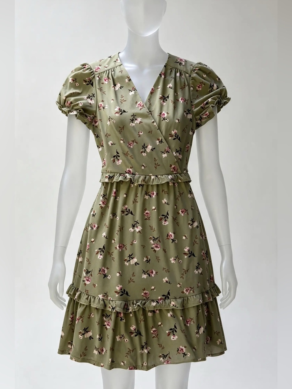 Monteau Olive Green Floral Ruffle Mini Dress